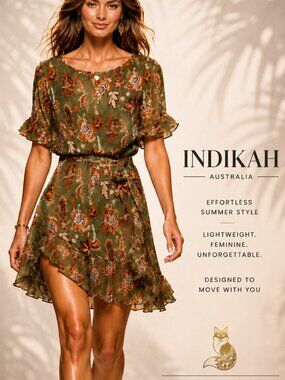 Indikah Australia Botanical Tie Waist Ruffle Mini Dress S NWOT